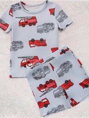 Kids Short Sleeve Pajama Set with Red Fire Truck Print